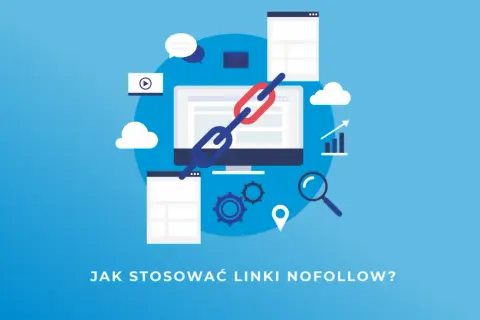 Grafika przedstawia komputer z ikonami symbolizującymi SEO i marketing cyfrowy. Centralnym elementem jest łańcuch, który może symbolizować linkowanie. Pytanie "JAK STOSOWAĆ LINKI NOFOLLOW?" sugeruje, że obraz dotyczy strategii linkowania.