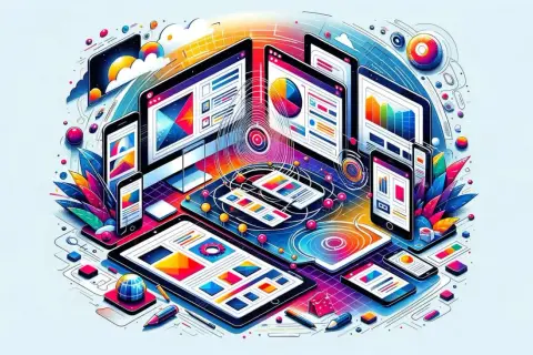 Kolorowa wizualizacja urządzeń (komputery, tablety, telefony) z elementami interfejsu, symbolizująca adaptive web design.