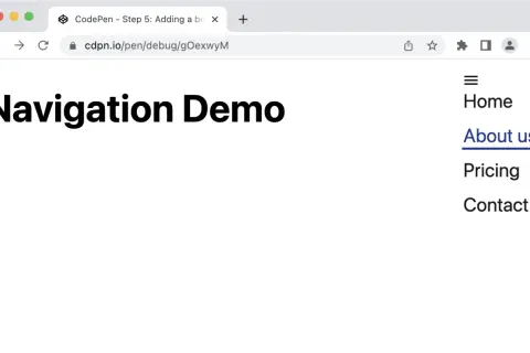 Strona demonstracyjna nawigacji z menu CSS. Widoczny tytuł "Navigation Demo" i lista opcji: Home, About us, Pricing, Contact.