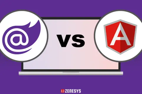 Porównanie Blazor vs Angular: ikony technologii na tle laptopa.
