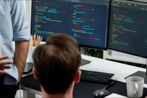Dwóch programistów pracuje nad kodem. Jeden trzyma kubek, drugi wskazuje na ekran z kodem. Widoczny jest zaawansowany stos technologiczny.