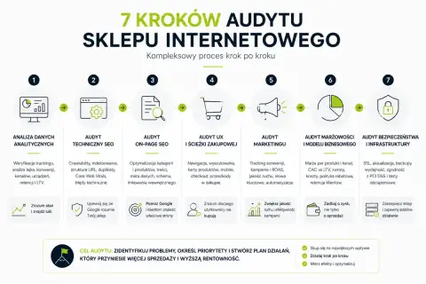 7 kroków audytu sklepu: analiza danych, audyt techniczny SEO, on-page, UX, marketingu, marżowości i bezpieczeństwa.