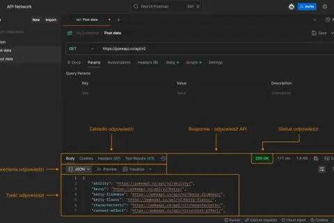 Postman API: widok interfejsu do testowania żądań HTTP, z widoczną odpowiedzią JSON i statusem 200 OK.