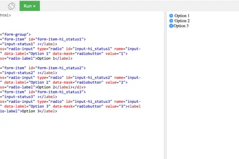 Trzy opcje wyboru: Opcja 1, Opcja 2, Opcja 3. Kod HTML pokazuje implementację tych radio buttons.