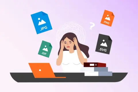 Kobieta z bólem głowy otoczona plikami JPG, GIF, PNG i SVG. Zastanawia się, który format grafiki wybrać.
