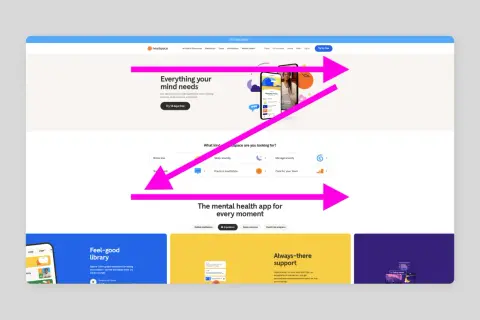 Strona główna aplikacji do medytacji. Intuicyjny layout strony internetowej z sekcjami: "Everything your mind needs", "What kind headspace are you looking for?", "The mental health app for every moment", "Feel-good library" i "Always-there support".