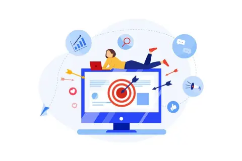 Kobieta na laptopie nad monitorem z tarczą. Wokół strzałki, ikony social media, wykresy. Skuteczny marketing i linki zewnętrzne.