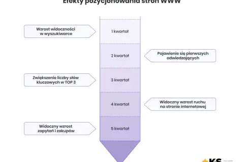Wykres pokazuje efekty darmowego pozycjonowania: wzrost widoczności, pojawienie się odwiedzających, wzrost ruchu i zapytań/zakupów w kolejnych kwartałach.