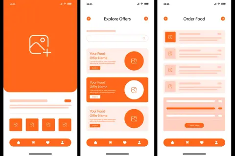 Przykłady layoutu aplikacji mobilnej: ekran główny z ikoną dodawania, przegląd ofert z opisami i przyciskiem "Explore", oraz ekran zamówienia jedzenia z listą produktów.