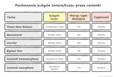 Porównanie zużycia tonera przez czcionki: Times New Roman, Garamond, Courier, Ryman Eco, bezszeryfowe i szeryfowe. Ciekawa czcionka wpływa na czytelność i zużycie tuszu.