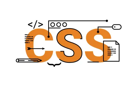 Grafika z napisem CSS, symbolami kodu, ołówkiem i dokumentem. Ilustruje tworzenie stron i **css pozycjonowanie**.