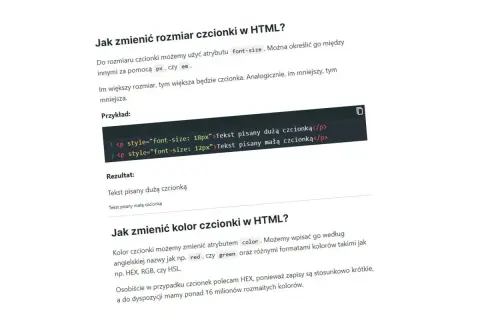 Przykład zmiany rozmiaru czcionki w HTML: tekst pisany dużą czcionką (18px) i małą czcionką (12px).