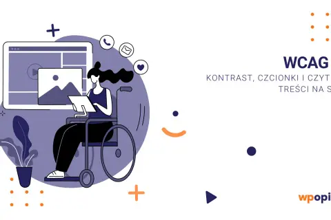 Ilustracja przedstawia kobietę na wózku inwalidzkim pracującą przy komputerze, symbolizującą **przekształcanie tekstu** i dostępność cyfrową.