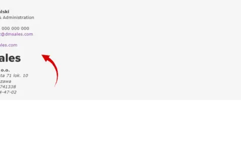 Podpis w mailu służbowym Adama Kowalskiego z firmy DmSales. Zawiera dane kontaktowe i adres firmy.