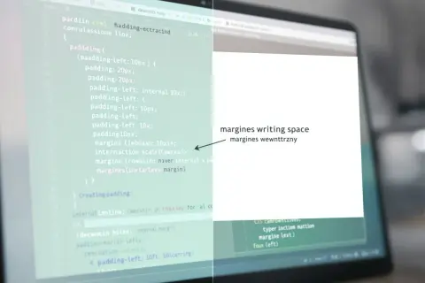 Kod CSS z definicjami marginesów i paddingów. "Margin co to?" - to przestrzeń wokół elementu.