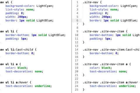 Fragmenty kodu CSS pokazujące style dla nawigacji, w tym definicje dla selektorów `nav ul` i `.site-nav` oraz ich elementów potomnych, z zastosowaniem `css class`.