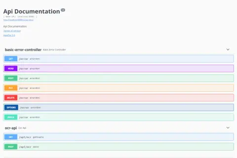 Dokumentacja API w Swaggerze. Widzisz tu endpointy dla "basic-error-controller" i "ocr-api", co to jest?