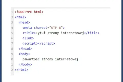 Podstawowa struktura html z tagami head i body, gotowa na dodanie zawartości strony internetowej.