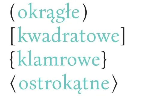 Różne rodzaje nawiasów: okrągłe, kwadratowe, klamrowe i ostrokątne.