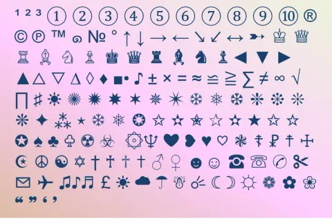 Zbiór znaków specjalnych: cyfry, symbole, figury geometryczne, nuty, krzyże, serca, telefony, emotikony i inne.