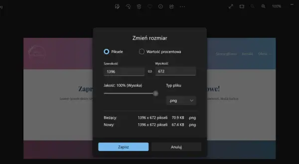 Okno dialogowe "Zmień rozmiar" pozwala na zmianę pixeli zdjęcia, wpisując nowe wartości szerokości i wysokości.