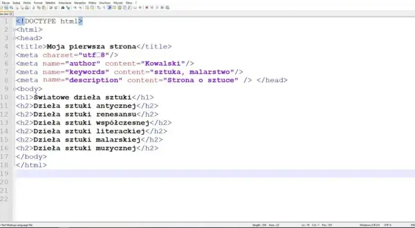 Kod źródłowy strony internetowej w języku polskim, zawierający strukturę HTML z nagłówkami i metadanymi opisującymi sztukę.
