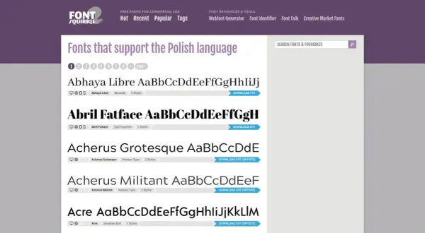 Strona Font Squirrel prezentuje czcionki wspierające język polski, w tym polskie znaki. Widać listę fontów: Abhaya Libre, Abril Fatface, Acherus Grotesque, Acherus Militant, Acre.