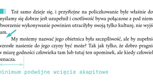 Fragment tekstu zaczynający się od nowego wiersza, z zaznaczonym "minimum podwójne wcięcie akapitowe".