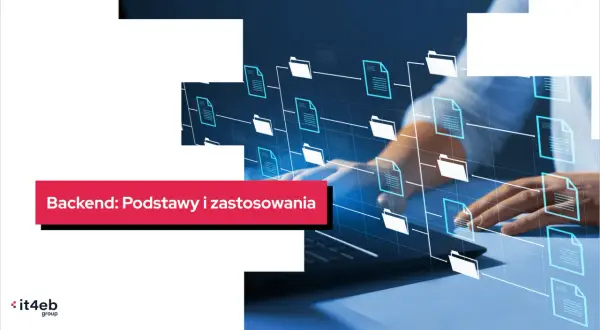 Backend: Podstawy i zastosowania. Grafika przedstawia schemat połączeń między folderami i dokumentami, symbolizujący działanie backendu.