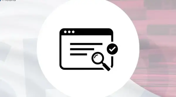 Ikona przedstawia okno przeglądarki z lupą i zaznaczeniem, symbolizując jak sprawdzić czy strona jest zaindeksowana.