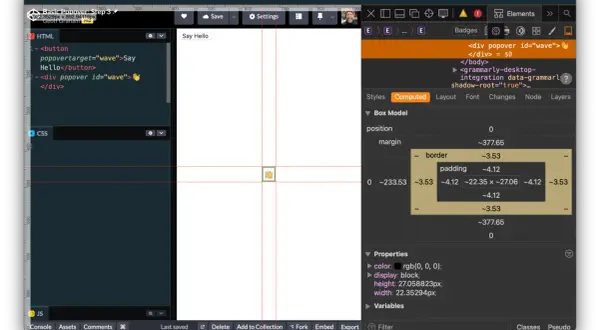 Kod HTML tworzy przycisk "Say Hello", który po kliknięciu wyświetla prosty html popup. Widoczny jest panel z narzędziami deweloperskimi.