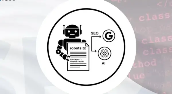 Grafika przedstawia robota trzymającego plik robots.txt, który wpływa na SEO i AI, symbolizowane przez logo Google i mózg.