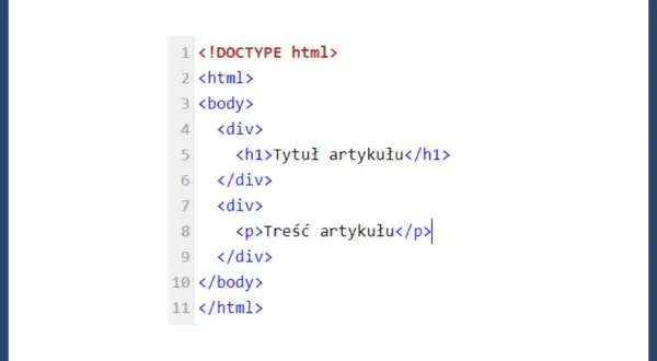 Kod HTML z nagłówkiem i akapitem. Widoczny jest znacznik `<h1>` dla tytułu i `p` dla treści artykułu.