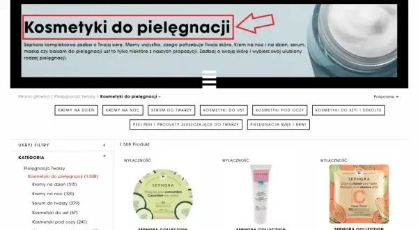 Strona z kosmetykami do pielęgnacji twarzy Sephora. Wiele produktów, w tym kremy, serum i maski.