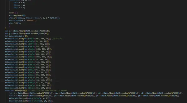 Kod JavaScript tworzący obiekty `circle` i dodający je do listy `moleculeList`. Funkcja `addobject` pozwala na dynamiczne `push` nowych kół.
