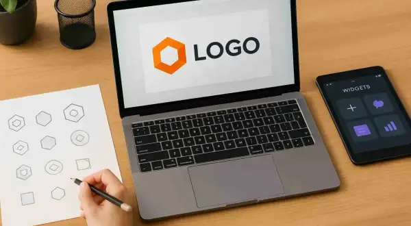 Projektowanie logo: na ekranie laptopa widnieje pomarańczowy sześciokąt i napis "LOGO", obok szkice kształtów, tablet z widżetami. favicon svg.