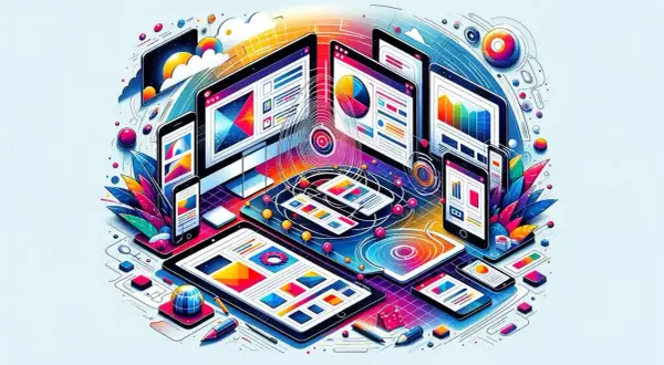 Kolorowa wizualizacja urządzeń (komputery, tablety, telefony) z elementami interfejsu, symbolizująca adaptive web design.