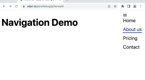 Strona demonstracyjna nawigacji z menu CSS. Widoczny tytuł "Navigation Demo" i lista opcji: Home, About us, Pricing, Contact.