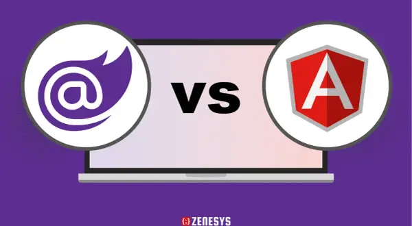 Porównanie Blazor vs Angular: ikony technologii na tle laptopa.