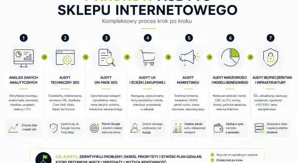 7 kroków audytu sklepu: analiza danych, audyt techniczny SEO, on-page, UX, marketingu, marżowości i bezpieczeństwa.