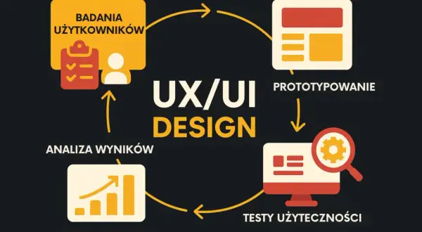 Schemat UX/UI Design: badania użytkowników, prototypowanie, testy użyteczności, optymalizacja. Proces oparty na auto layout.