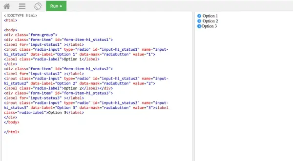 Trzy opcje wyboru: Opcja 1, Opcja 2, Opcja 3. Kod HTML pokazuje implementację tych radio buttons.