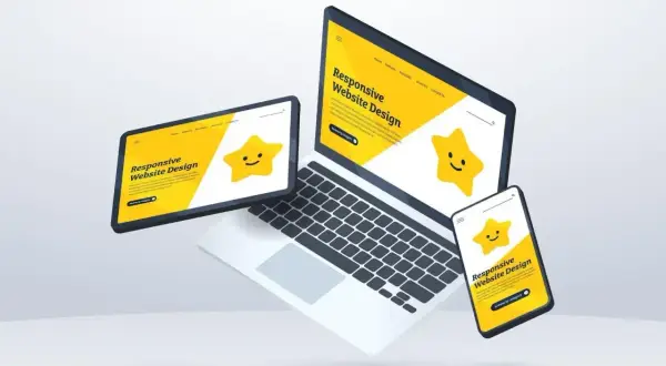Laptop, tablet i smartfon prezentują projekt strony internetowej. Uśmiechnięta gwiazdka na żółtym tle.