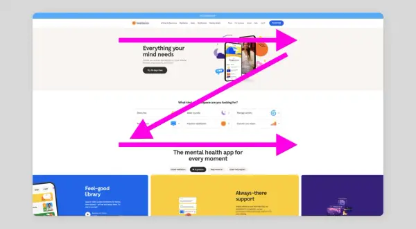 Strona główna aplikacji do medytacji. Intuicyjny layout strony internetowej z sekcjami: "Everything your mind needs", "What kind headspace are you looking for?", "The mental health app for every moment", "Feel-good library" i "Always-there support".