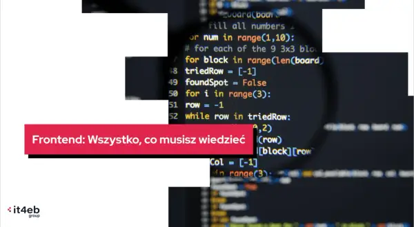 Kod źródłowy z powiększeniem, tekst "Frontend: Wszystko, co musisz wiedzieć". Pokazuje złożoność backendu i frontend.
