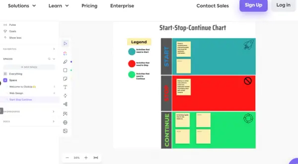 Start-Stop-Continue Chart z legendą i notatkami, elementem **stack technologiczny** w aplikacji ClickUp.
