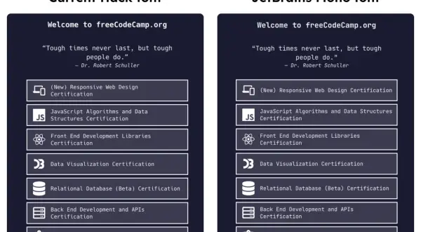 Porównanie czcionek: po lewej "Current Hack font", po prawej "JetBrains Mono font". Oba bloki prezentują listę certyfikatów freeCodeCamp.org.