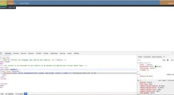 Kod HTML z narzędziami deweloperskimi. Widoczny jest element `div.pageMain` z `position fixed` w stylach.