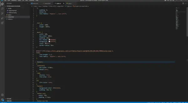 Kod CSS z importem czcionki 'Poppins' i stylami dla body, hero, music, footer.