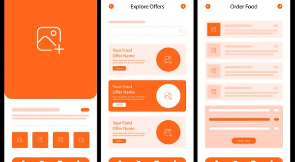 Przykłady layoutu aplikacji mobilnej: ekran główny z ikoną dodawania, przegląd ofert z opisami i przyciskiem "Explore", oraz ekran zamówienia jedzenia z listą produktów.